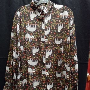 Sloth print button down top
